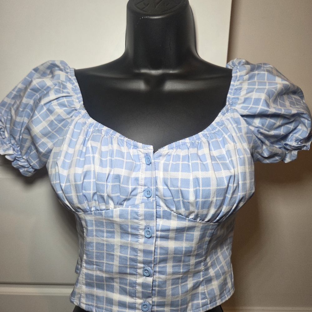 Forever 21 Light Blue Plaid Puff-Sleeve Button Crop Top